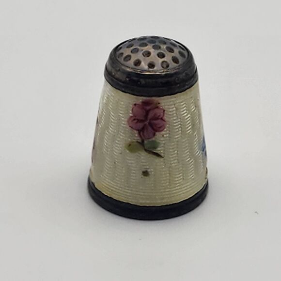 Vintage Sterling Silver Guilloche Enamel & Painted Flower Thimble - Picture 1 of 6